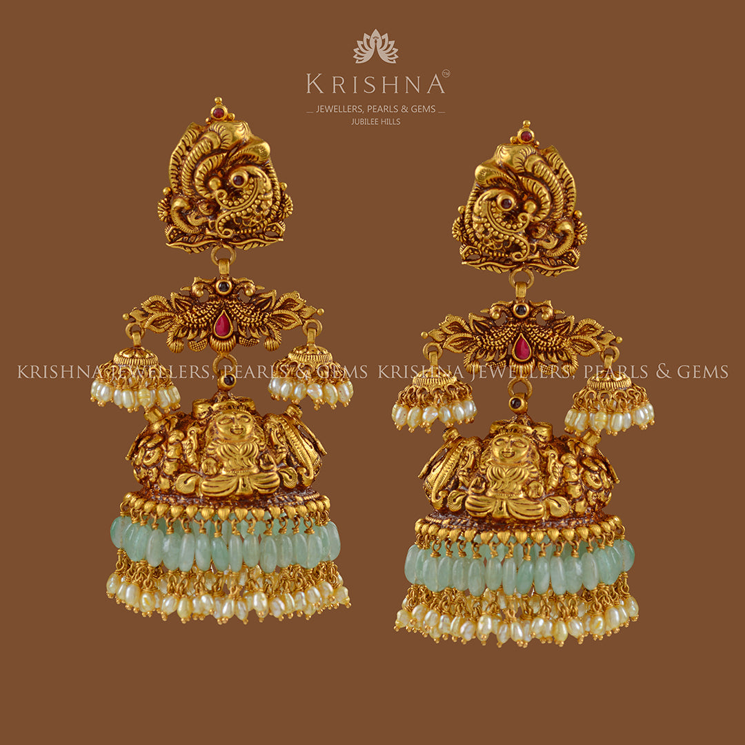 Gold Jhumka  Earrings with Emerald Beads - Krishna Jewellers Pearls and Gems