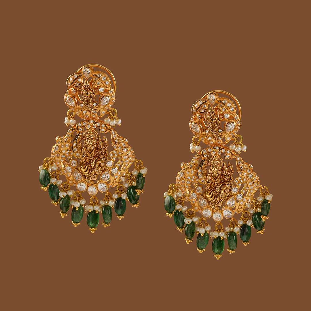 Gold Chandbali Earrings with Emerald Beads - Krishna Jewellers Pearls and Gems