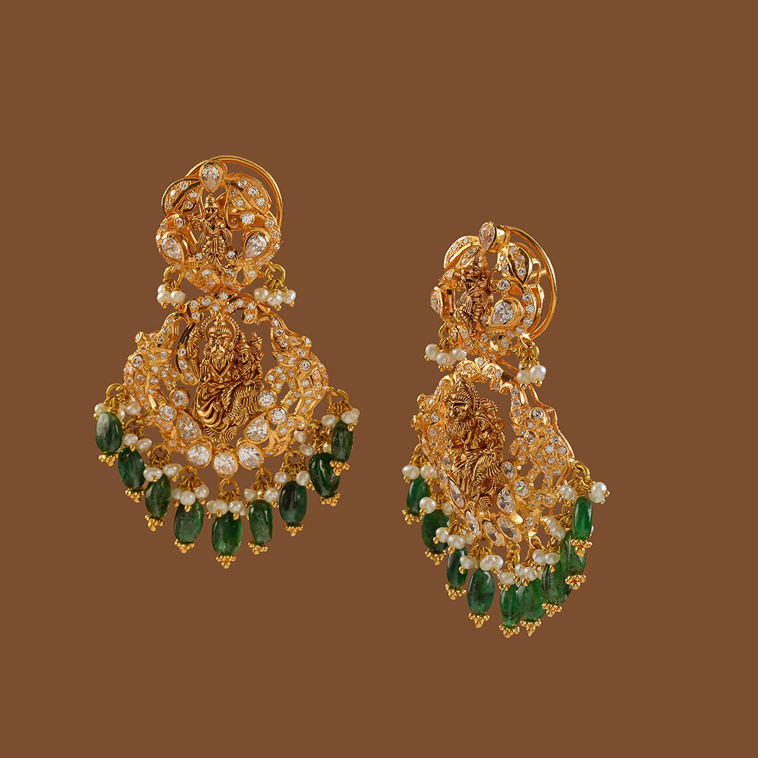 Gold Chandbali Earrings with Emerald Beads - Krishna Jewellers Pearls and Gems