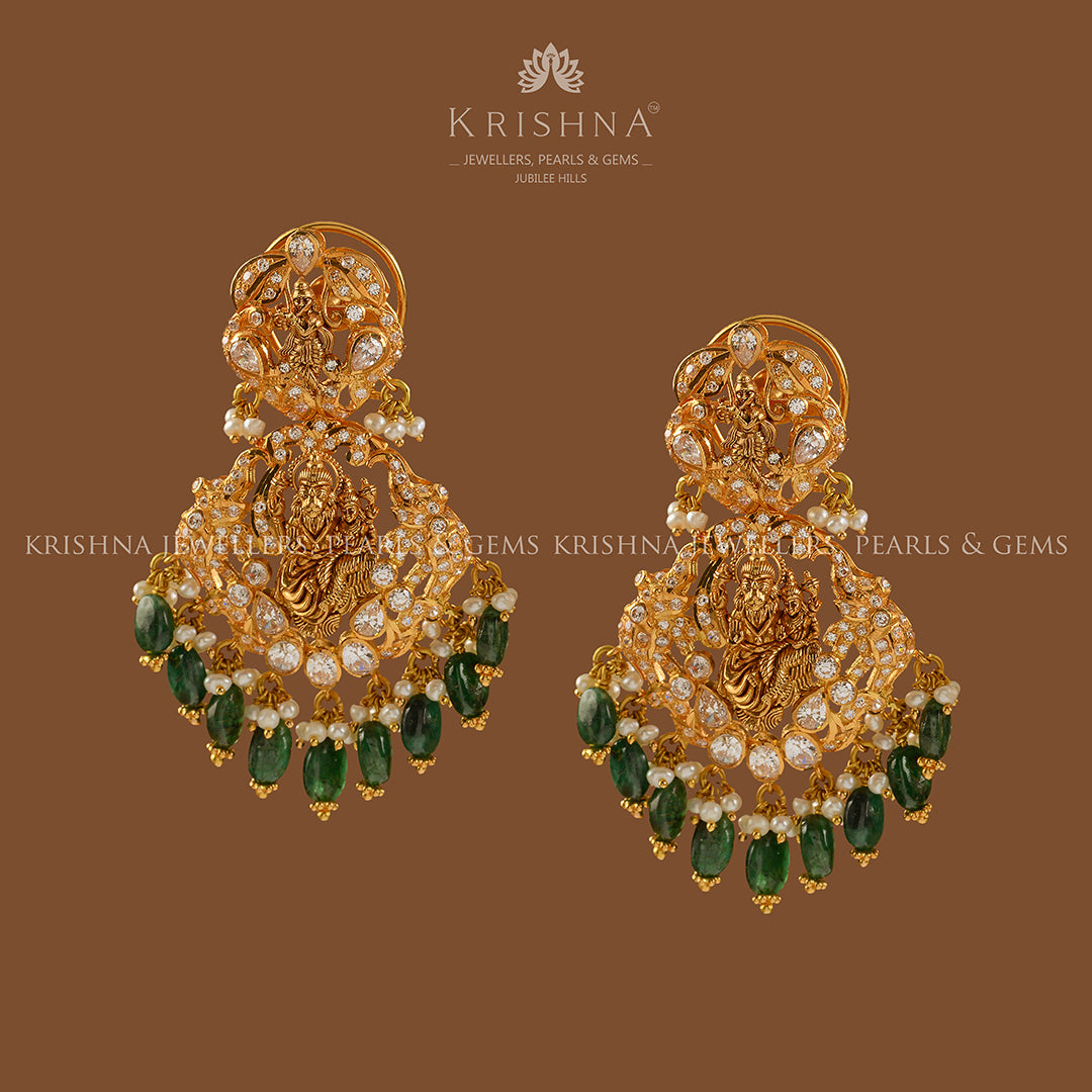Gold Chandbali Earrings with Emerald Beads - Krishna Jewellers Pearls and Gems