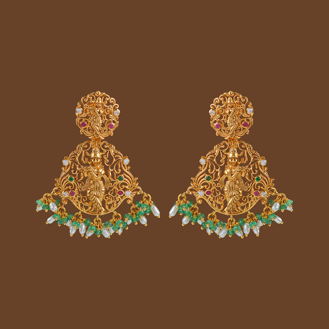 22k Gold Emerald Krishna Themed Earrings - Krishna Jewellers Pearls and Gems