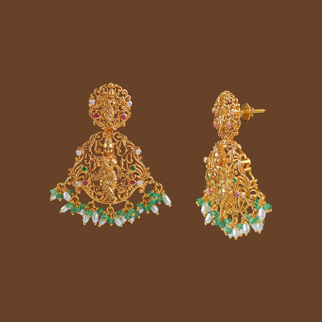 22k Gold Emerald Krishna Themed Earrings - Krishna Jewellers Pearls and Gems
