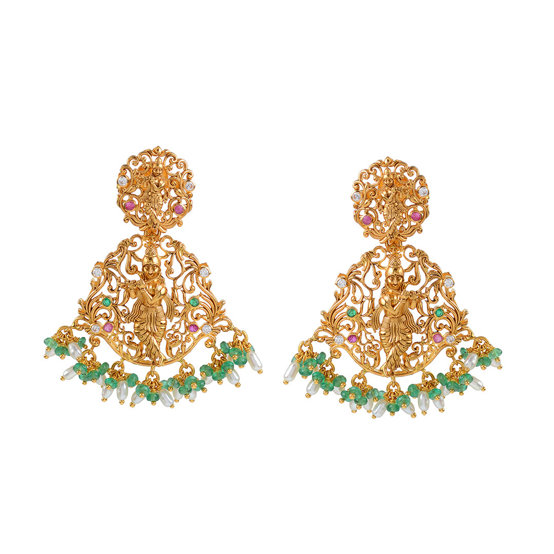22k Gold Emerald Krishna Themed Earrings - Krishna Jewellers Pearls and Gems