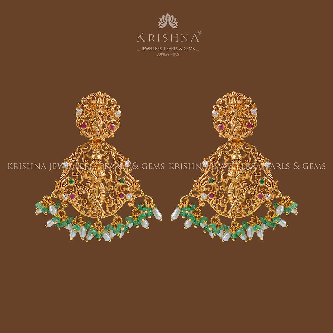 22k Gold Emerald Krishna Themed Earrings - Krishna Jewellers Pearls and Gems