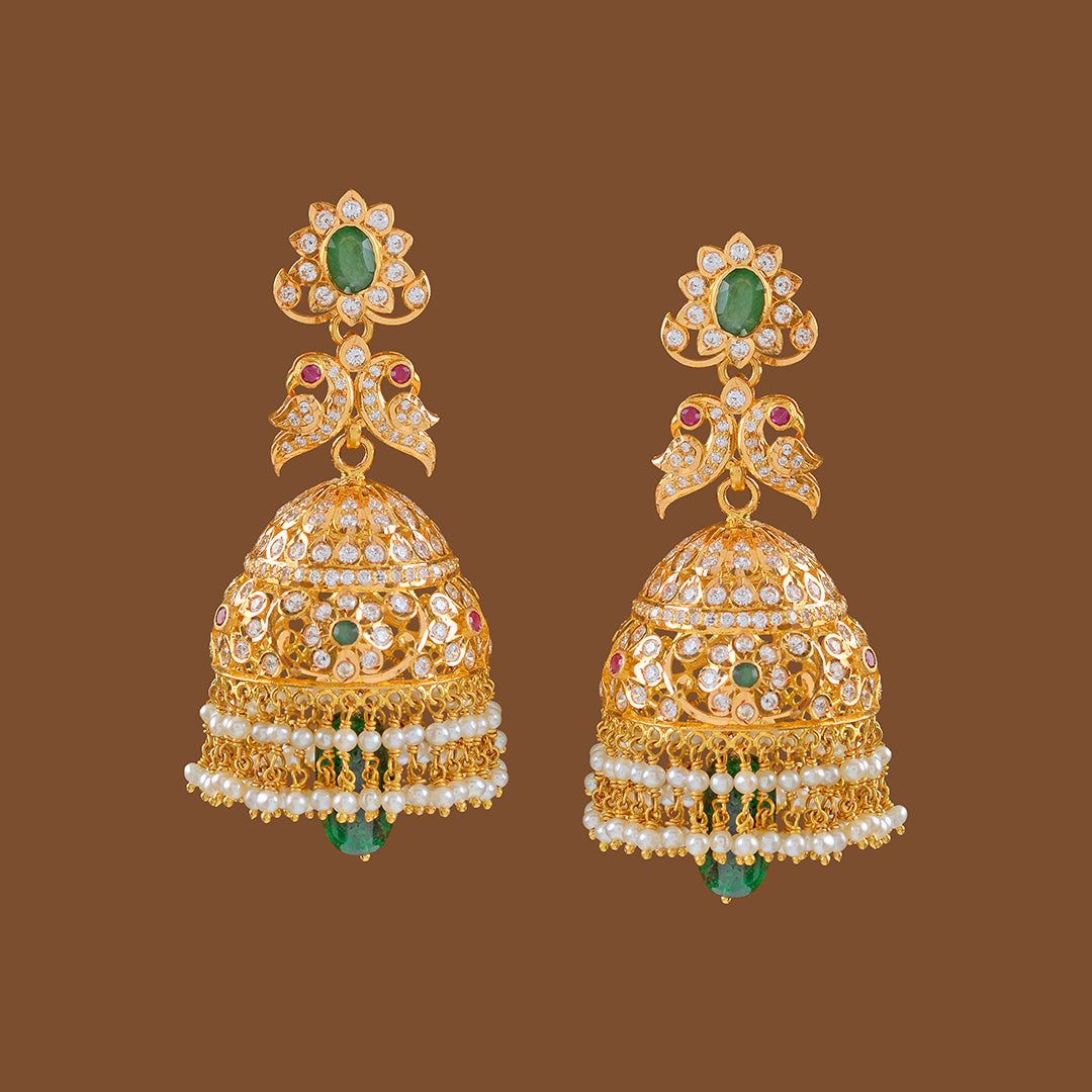 Gold Jhumka Earrings with Pearls Drops - Krishna Jewellers Pearls and Gems
