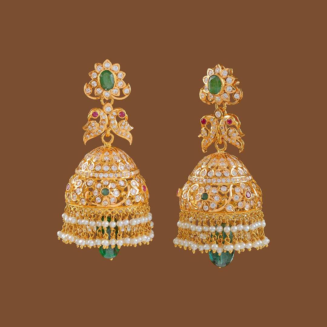 Gold Jhumka Earrings with Pearls Drops - Krishna Jewellers Pearls and Gems