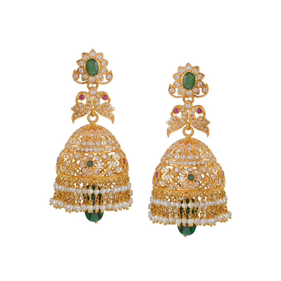 Gold Jhumka Earrings with Pearls Drops - Krishna Jewellers Pearls and Gems