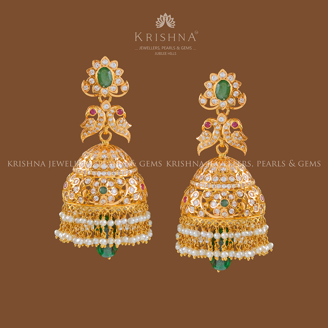 Gold Jhumka Earrings with Pearls Drops - Krishna Jewellers Pearls and Gems