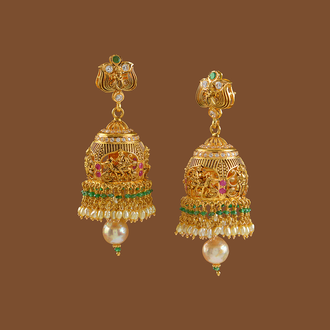 Gold Jhumka Earrings Hanging Pearls - Krishna Jewellers Pearls and Gems