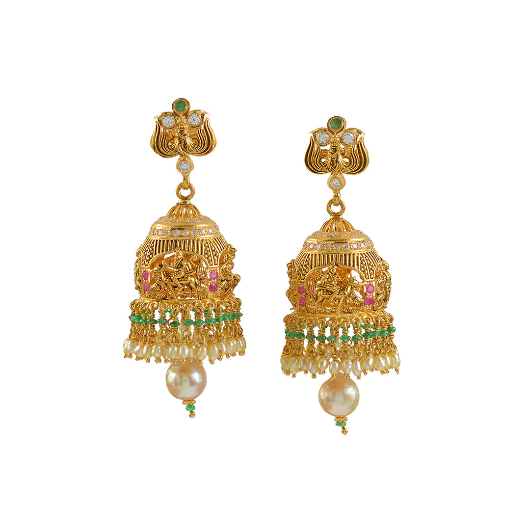 Gold Jhumka Earrings Hanging Pearls - Krishna Jewellers Pearls and Gems