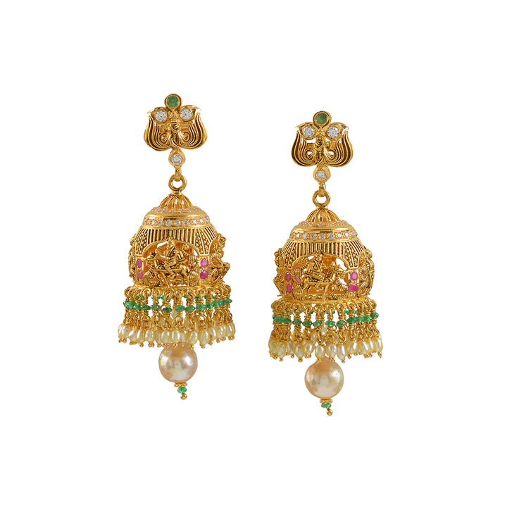 Gold Jhumka Earrings Hanging Pearls - Krishna Jewellers Pearls and Gems