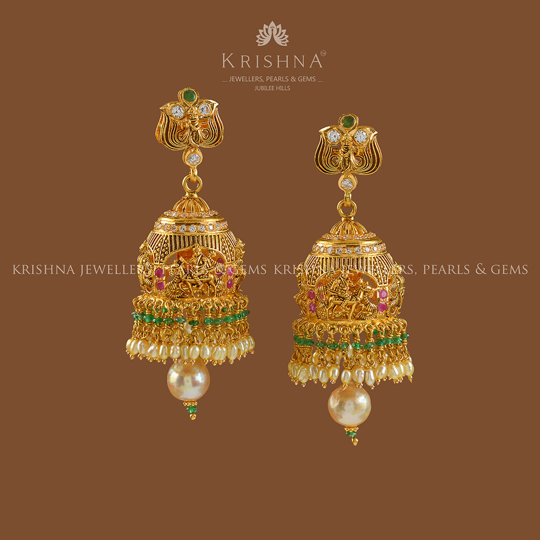 Gold Jhumka Earrings Hanging Pearls - Krishna Jewellers Pearls and Gems