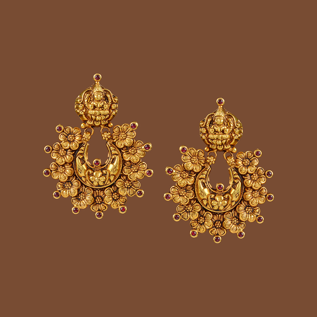 22k Gold Laxmi Devi Flower Embossing Earrings - Krishna Jewellers Pearls and Gems