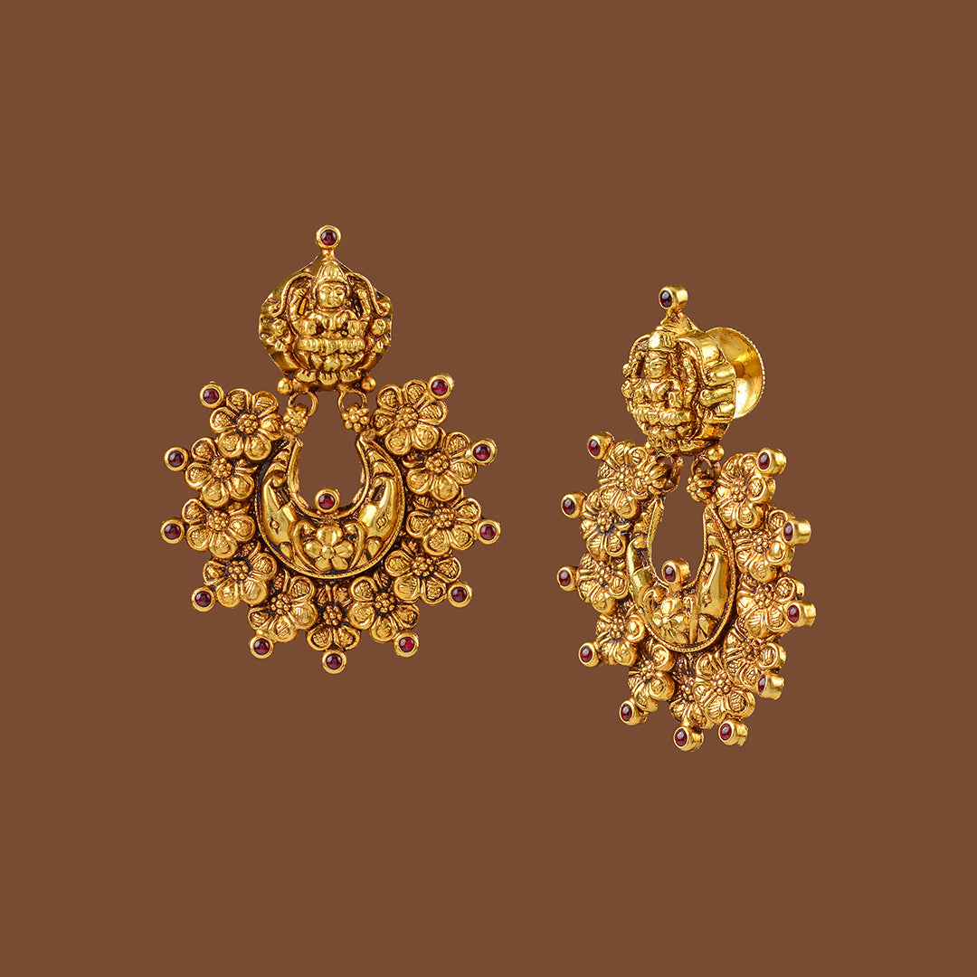 22k Gold Laxmi Devi Flower Embossing Earrings - Krishna Jewellers Pearls and Gems