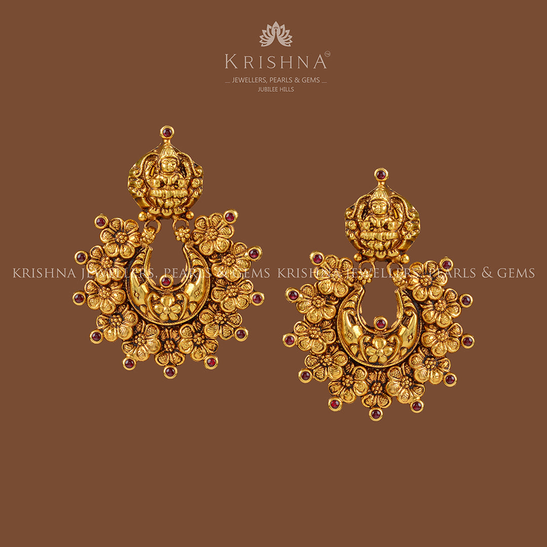 22k Gold Laxmi Devi Flower Embossing Earrings - Krishna Jewellers Pearls and Gems