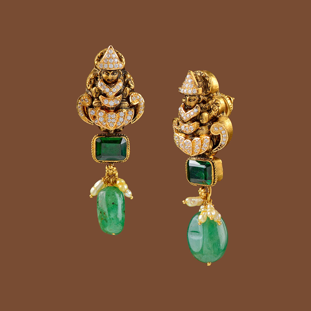 Gold Emerald Combination Earrings - Krishna Jewellers Pearls and Gems