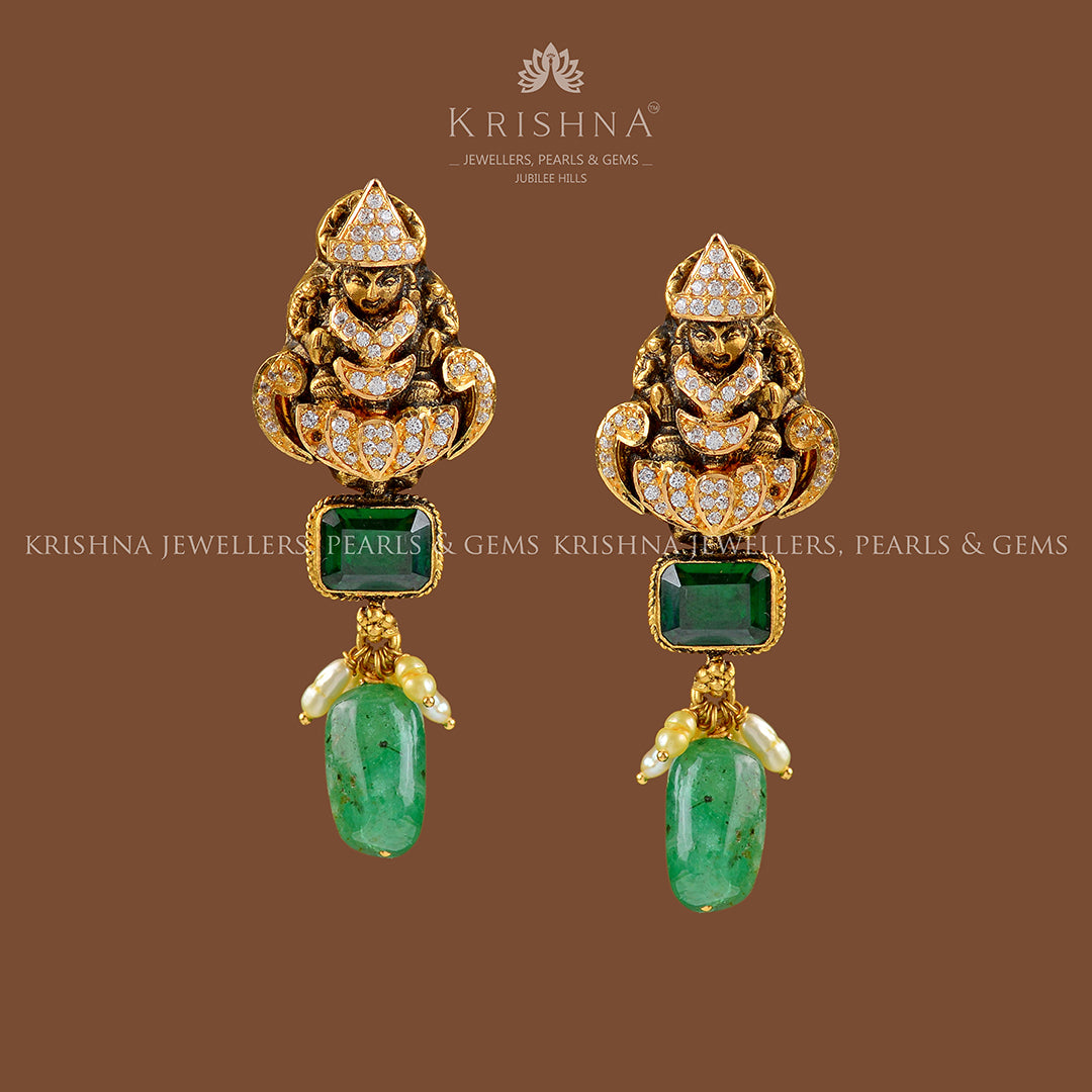 Gold Emerald Combination Earrings - Krishna Jewellers Pearls and Gems