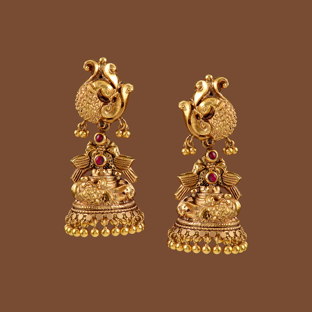 22k Gold Peacock Jhumka Earrings - Krishna Jewellers Pearls and Gems
