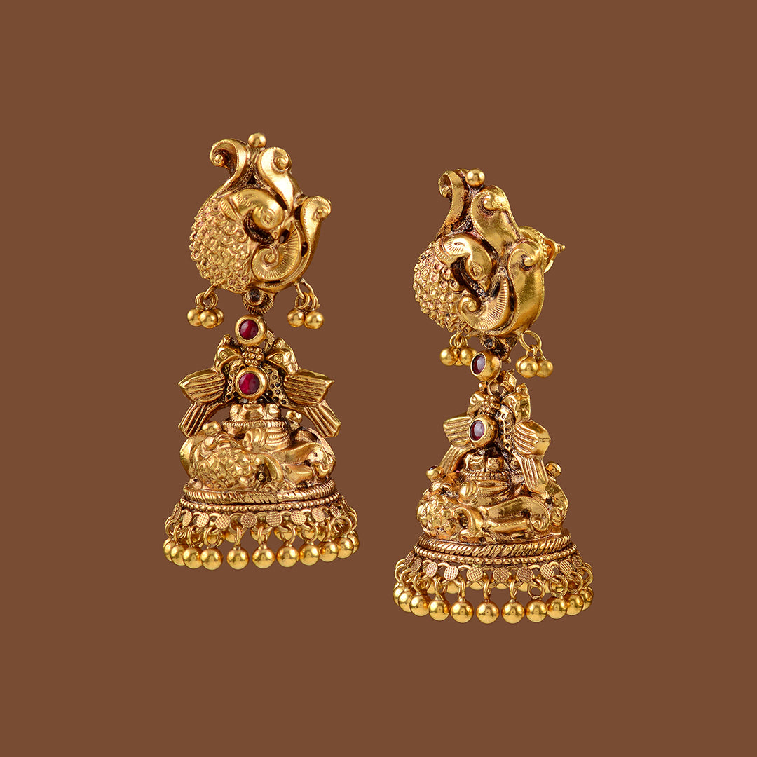22k Gold Peacock Jhumka Earrings - Krishna Jewellers Pearls and Gems