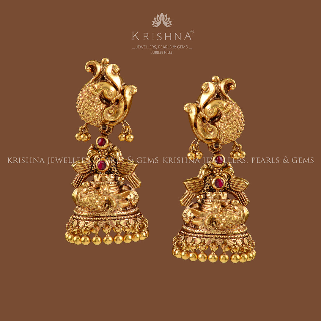 22k Gold Peacock Jhumka Earrings - Krishna Jewellers Pearls and Gems