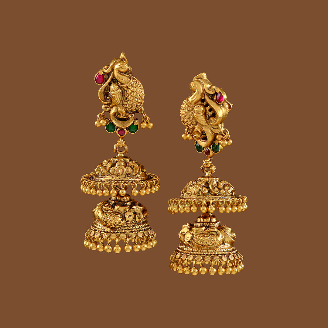 Twosome Gold Jhumaka Earrings - Krishna Jewellers Pearls and Gems