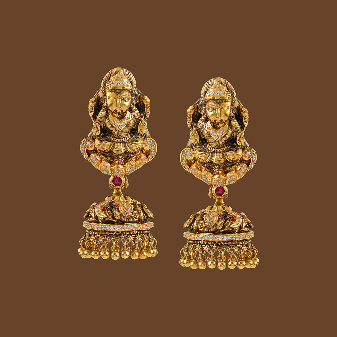Gold Jhumka Style Laxmi Themed Earrings - Krishna Jewellers Pearls and Gems