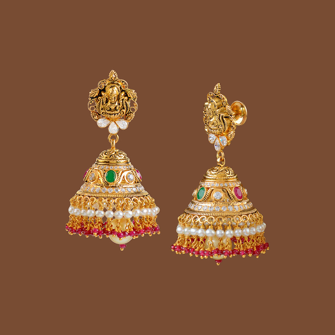 22k Gold CZ Combination Jhumka - Krishna Jewellers Pearls and Gems
