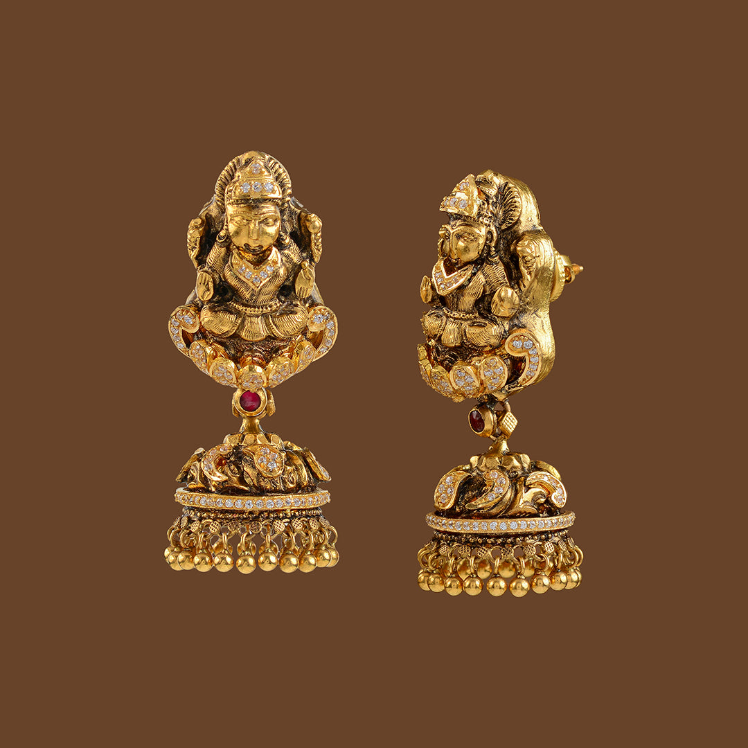 Gold Jhumka Style Laxmi Themed Earrings - Krishna Jewellers Pearls and Gems