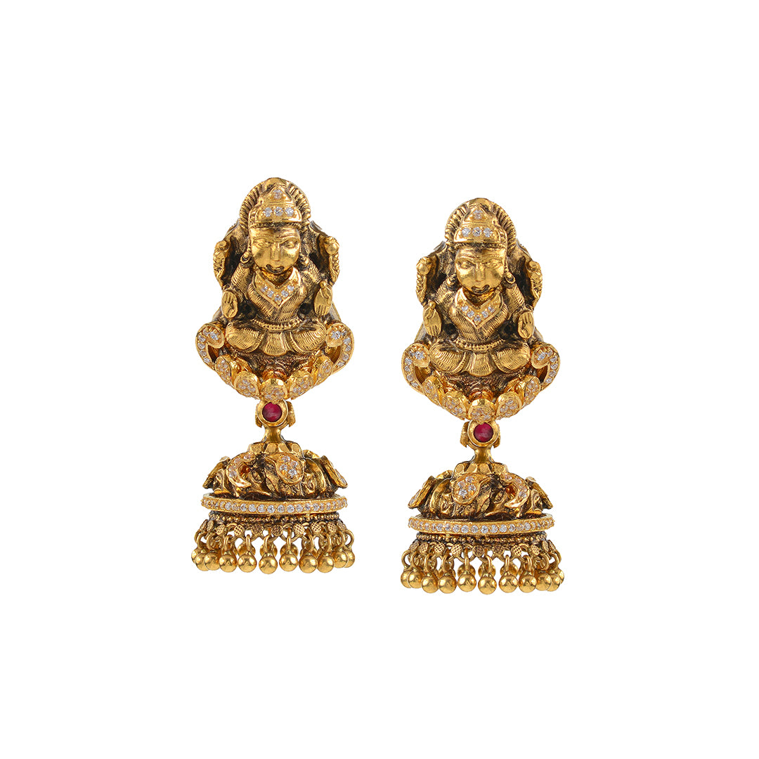 Gold Jhumka Style Laxmi Themed Earrings - Krishna Jewellers Pearls and Gems