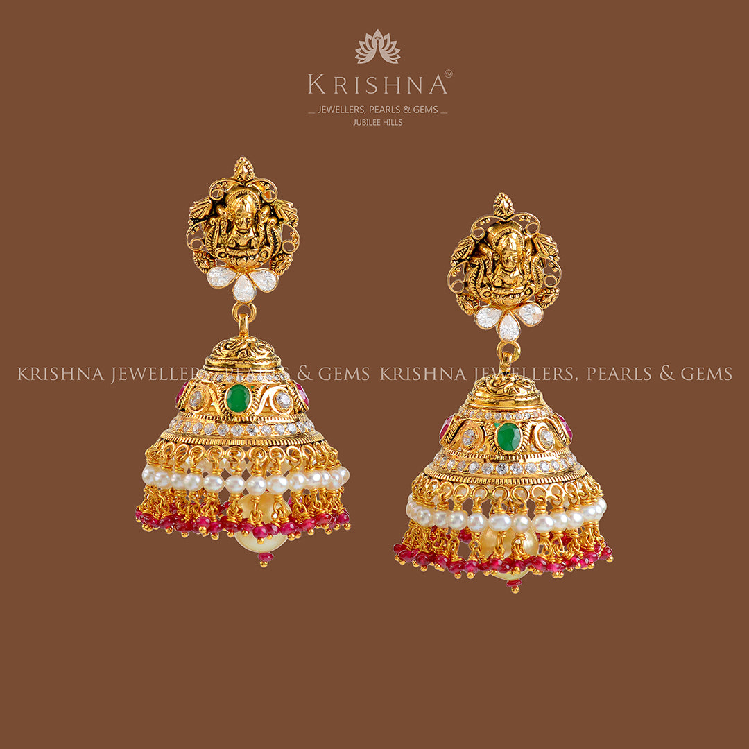 22k Gold CZ Combination Jhumka - Krishna Jewellers Pearls and Gems