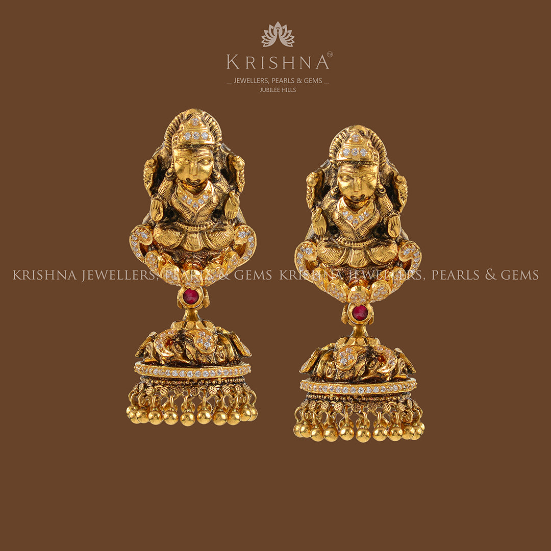 Gold Jhumka Style Laxmi Themed Earrings - Krishna Jewellers Pearls and Gems