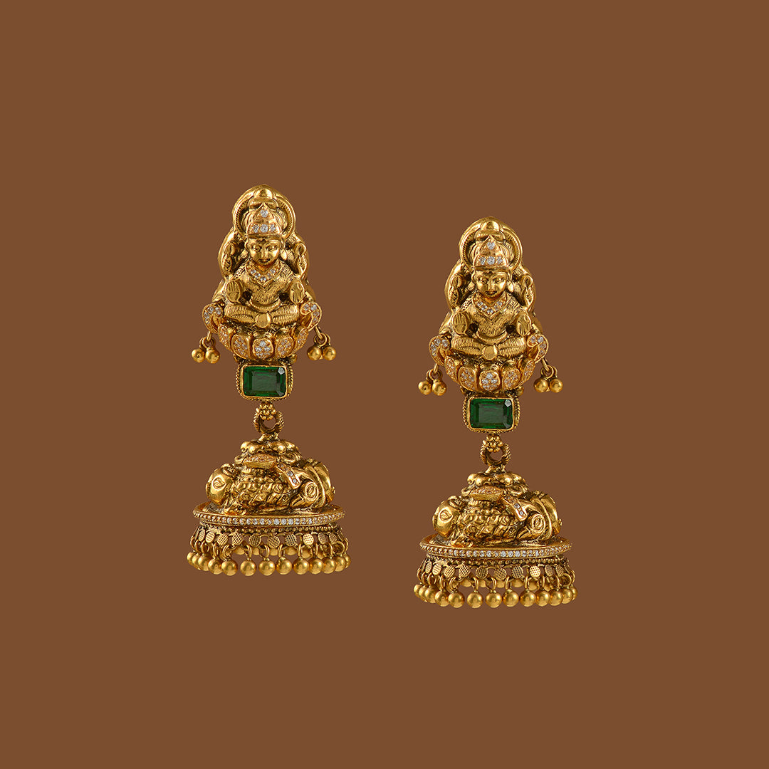 22k Gold Jhumka Earrings  with Goddess Laxmi - Krishna Jewellers Pearls and Gems