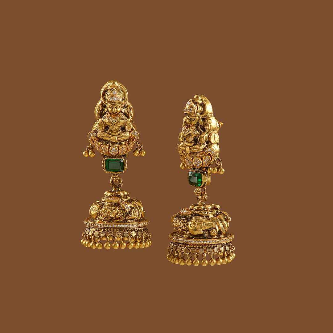 22k Gold Jhumka Earrings  with Goddess Laxmi - Krishna Jewellers Pearls and Gems