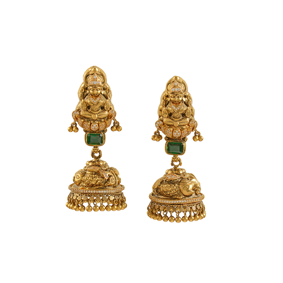 22k Gold Jhumka Earrings  with Goddess Laxmi - Krishna Jewellers Pearls and Gems