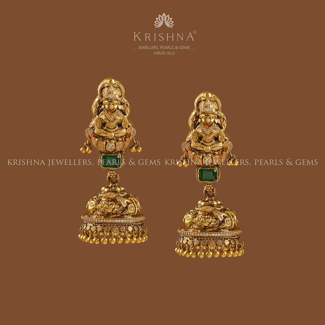 22k Gold Jhumka Earrings  with Goddess Laxmi - Krishna Jewellers Pearls and Gems