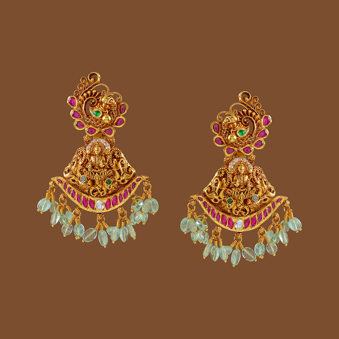 Gold Chandbali Earrings with Russian Emerald Beads - Krishna Jewellers Pearls and Gems