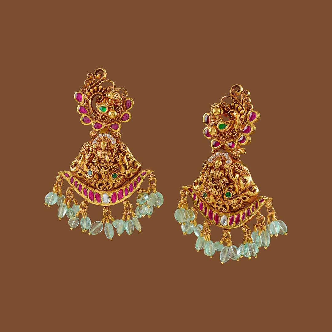 Gold Chandbali Earrings with Russian Emerald Beads - Krishna Jewellers Pearls and Gems