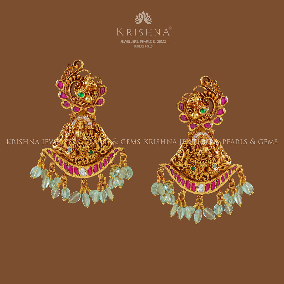 Gold Chandbali Earrings with Russian Emerald Beads - Krishna Jewellers Pearls and Gems
