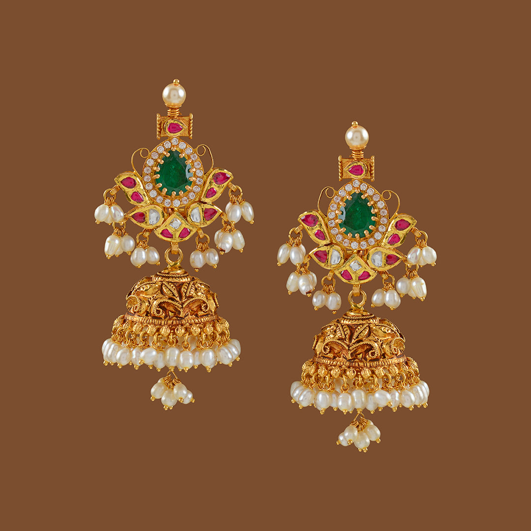 Gold Jhumka Earrings Butterfly Motif - Krishna Jewellers Pearls and Gems