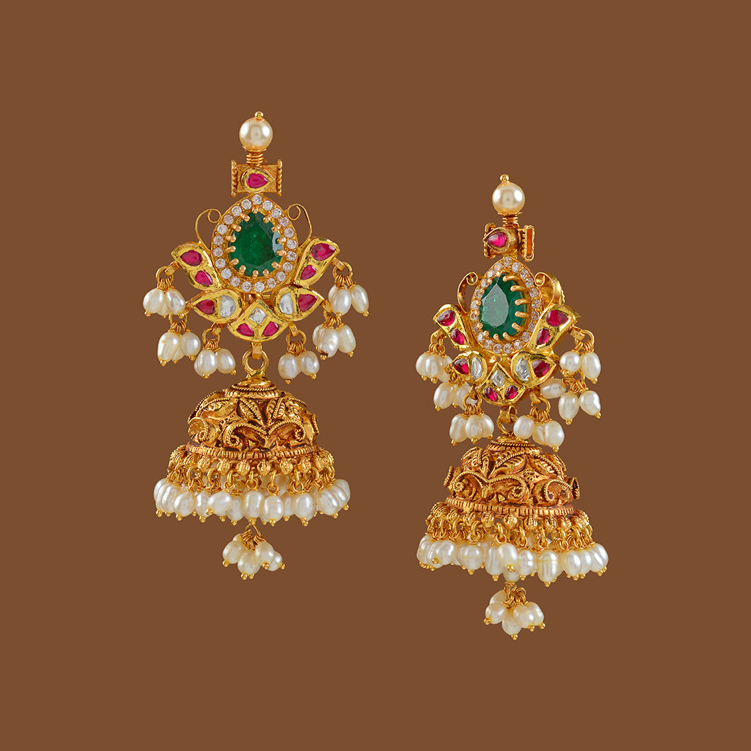 Gold Jhumka Earrings Butterfly Motif - Krishna Jewellers Pearls and Gems