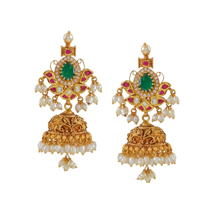 Gold Jhumka Earrings Butterfly Motif - Krishna Jewellers Pearls and Gems