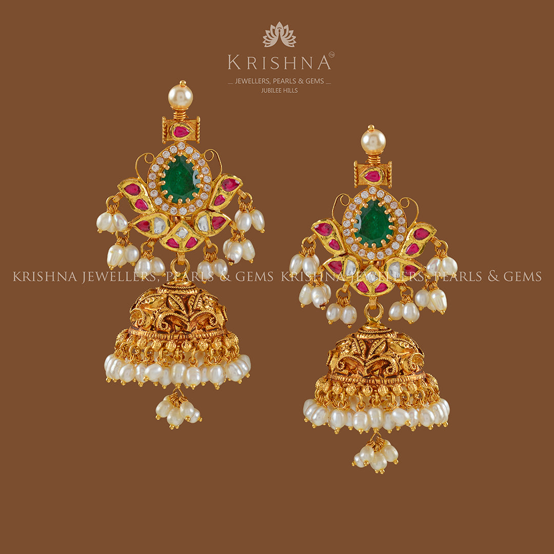 Gold Jhumka Earrings Butterfly Motif - Krishna Jewellers Pearls and Gems