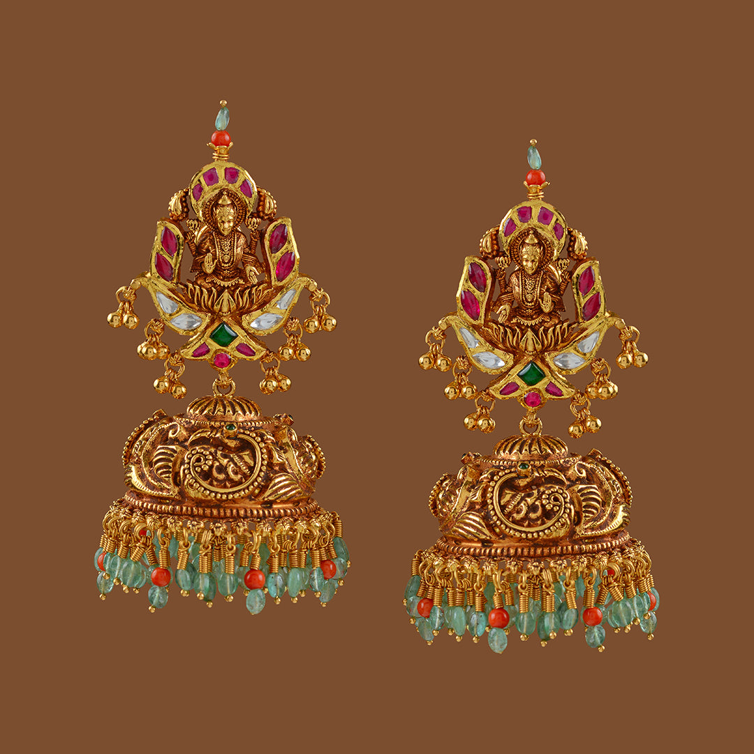 Gold Jhumka  Earrings in Lakshmi Motif - Krishna Jewellers Pearls and Gems