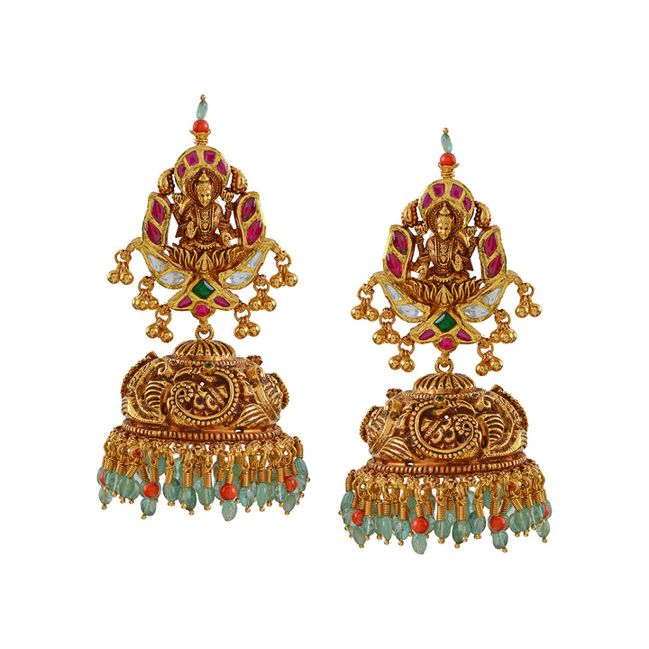 Gold Jhumka  Earrings in Lakshmi Motif - Krishna Jewellers Pearls and Gems