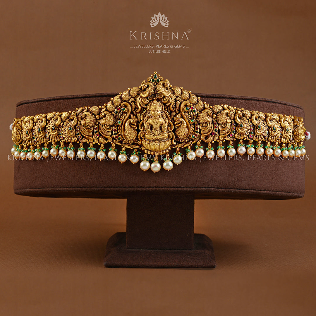 Antique Lakshmi Peacock Vaddanam With Pearls - Krishna Jewellers Pearls and Gems
