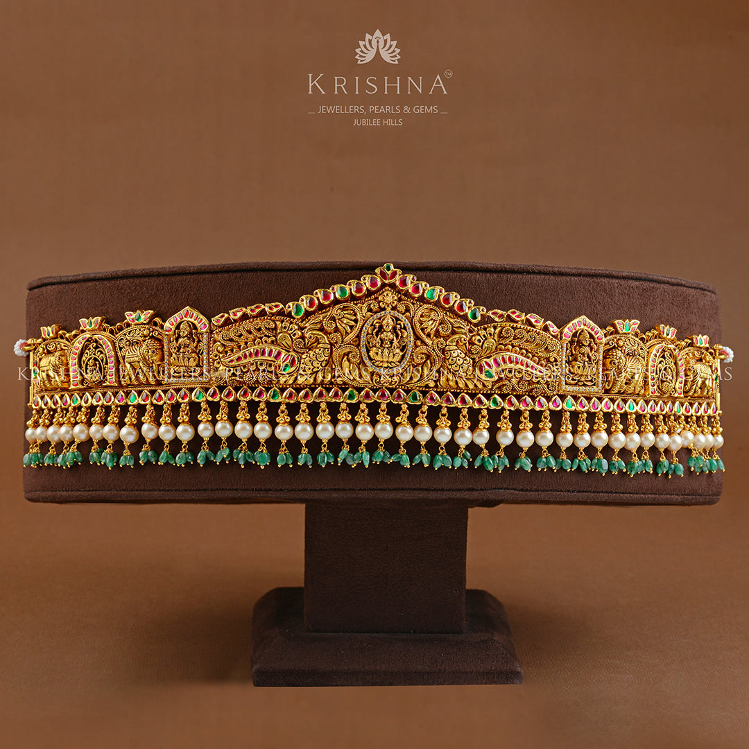 22k Peacock Themed Gold Lakshmi Vaddanam - Krishna Jewellers Pearls and Gems