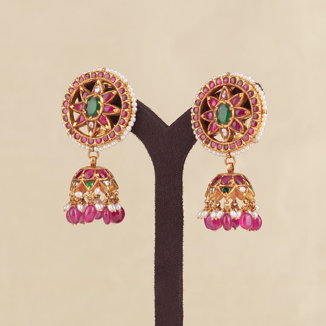 Gold Kundan Polki Jhumka Earrings
