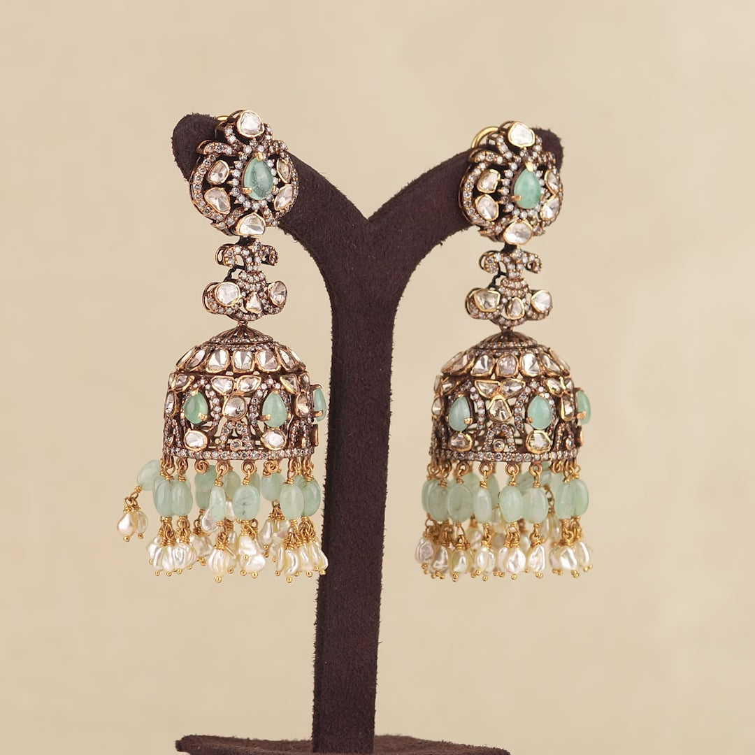 Victorian Emerald Polki Jhumka Earrings