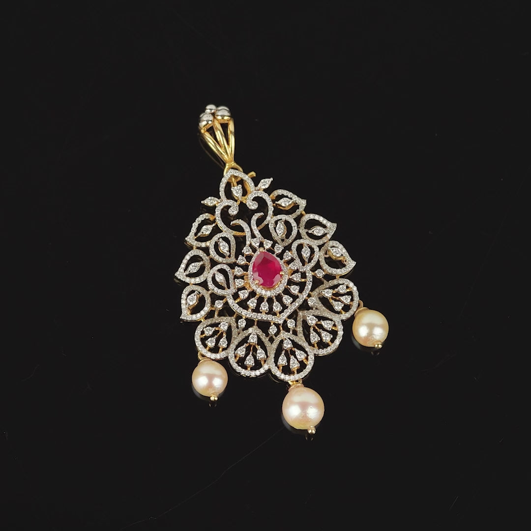 Floral Diamond Pendant With Pearls Drops