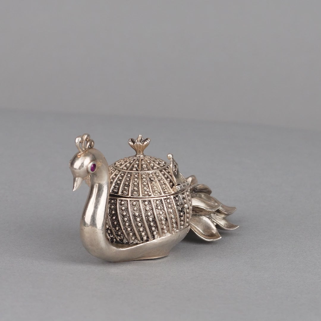 Silver KumKum Box With Peacock theme